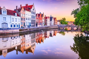 Foto auf Acrylglas Bruges, Belgium. Sunrise over Spiegelrei Canal, Flanders cityscape © ecstk22