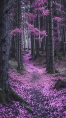 Follow winding trails through forests adorned with lilac flowers, their wavy petals guiding the way.