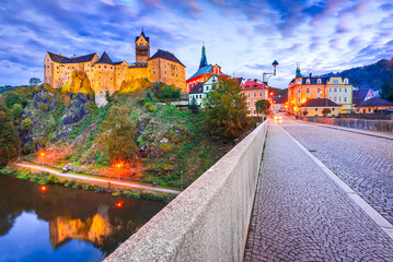Loket, Czech Republic. Colorful town and Castle Loket over Ohre River in the near of Karlovy Vary,...