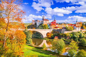 Loket, Czech Republic. Charming town, Ohre River in the near of Karlovy Vary, Bohemia, autumn colors.