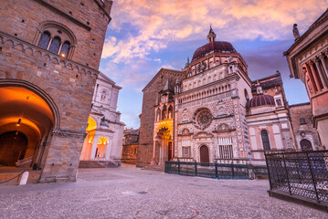 Bergamo, Italy - Piazza Duomo in the upper town, Citta Alta at dusk, beautiful historical town in...