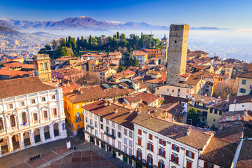 Bergamo, Lombardy - Italy. Upper view from Campanone with Piazza Vecchia and Torre del Gombito.
