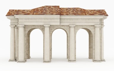 Classic pergola with columns. High resolution photorealistic 3d rendering isolated on white background. Side view