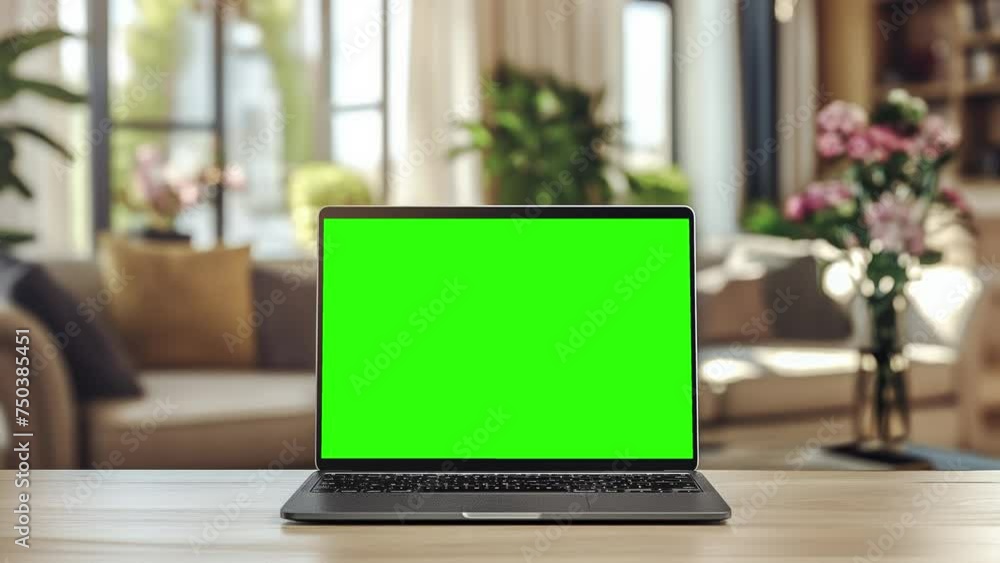 Poster close up shot of modern chroma key green screen laptop computer set up for work on desk , technology