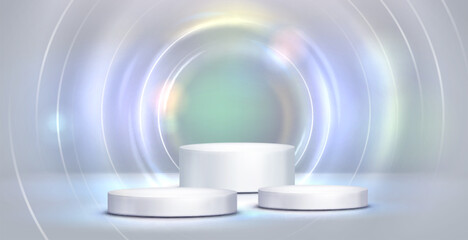 White cylinder podium of three heights on studio background with floor, wall and light neon circle. Realistic vector illustration of product display platform with glow bright ring or lens flare effect
