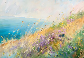 Hill with tall grass and blue sky painting for wall art and decoration 