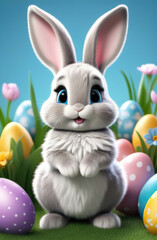 Cute easter bunny with colorful easter eggs and spring flowers