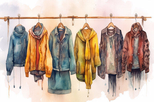 Clothes on hangers watercolor. Women's clothing store.
