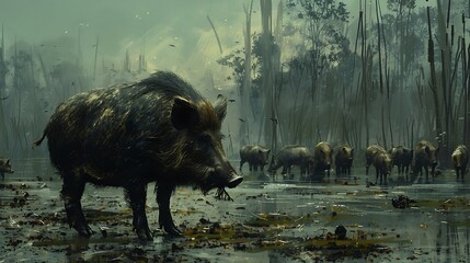 Desolated wild boars in the wild forest painting