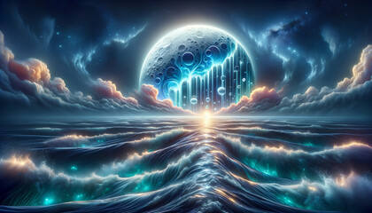 Mystical Moon Over Cosmic Ocean: Surreal Fantasy Background with Glowing Celestial Bodies and Ethereal Tides.