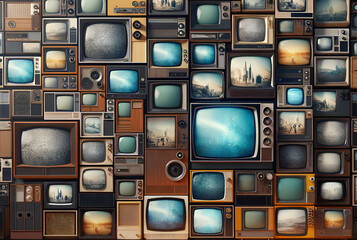Aesthetic Media Background with Vintage Retro Televisions: A Conceptual Collage on Propaganda and Brainwashing through Mass Media