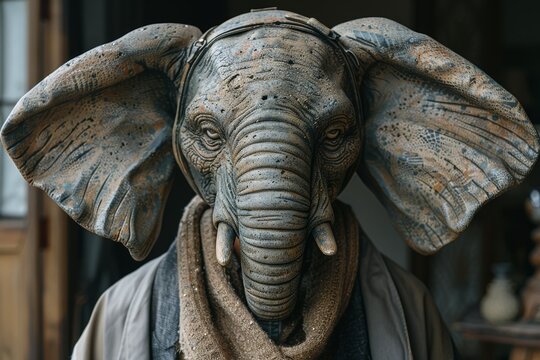 Portrait of an elephant in a suit on a gray background. Elephant businessman portrait. Generative AI.