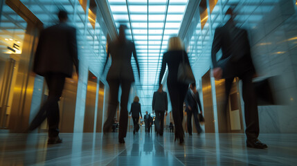 Blurred business people walking in office in fast movement
