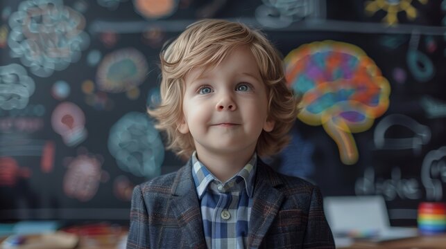 Stylish little scientist used brain art concept to draw a brain on a chalkboard"