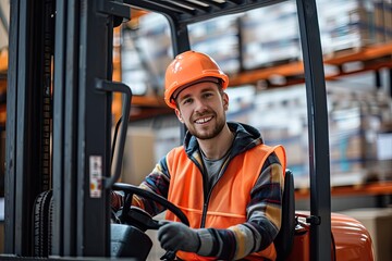 caucasian Worker Using A Mini Forklift In Warehouse