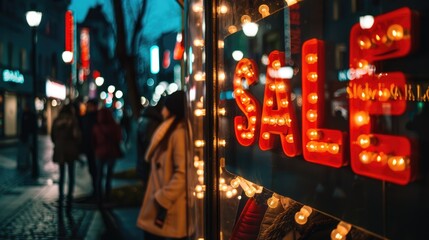 SALE symbol in shopping window with lights in darkness
