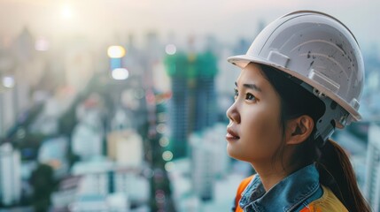 beautiful worker woman with city building background