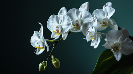 Fototapeta na wymiar An elegant orchid with delicate white petals, set against a solid dark green background. The 4K HDR image captures every detail of the flower's graceful form.