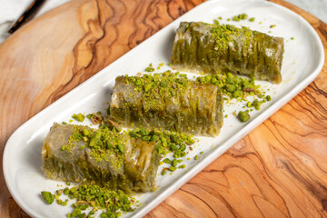 Pistachio baklava. Sherbet dessert. Baklava with pistachios and syrup. Close up