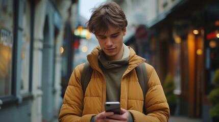 "Urban youth addicted to smartphones amid neon cityscape