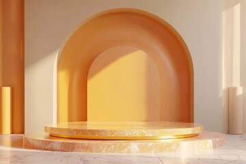 marble Podium stand studio room orange gold color background 3d pedestal platform background....