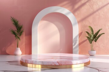 marble Podium stand studio room luxury pink gold color background 3d pedestal platform background....