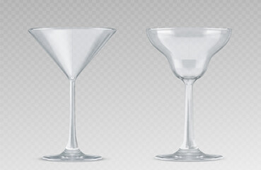 Cocktail glass of different forms for martini and long drink. Realistic vector illustration set of empty transparent glassware mockup for bar beverages. Cup template for party alcohol booze.