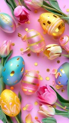 Colorful easter eggs and tulips on a pink background