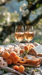 Two glasses of wine and a book on a table
