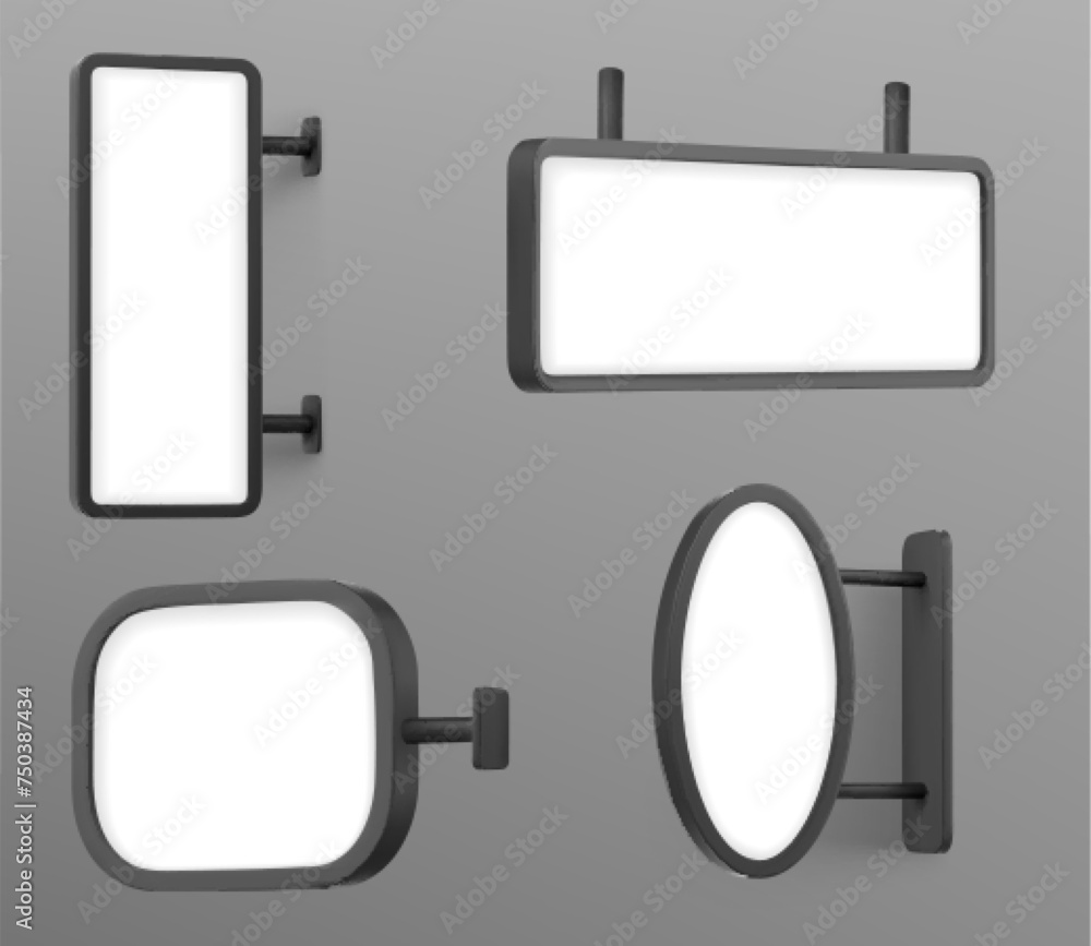 Poster mockup of signboard attached to wall at entrance of store or cafe. realistic vector set of signage w