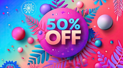 50% OFF sale announcement embedded in tropical foliage and decorative elements, conveying a festive mood