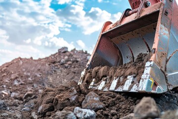 A detailed view of a red excavator's bucket scooping up a pile of mixed dirt and rocks
