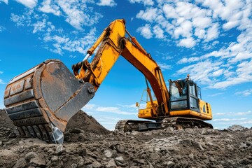 A heavy-duty yellow excavator at work, digging through muddy terrain under a bright blue sky