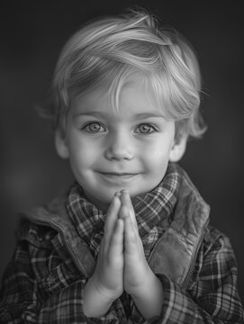 Süßer kleiner Junge mit betenden Händen in schwarz weiß, ai generativ