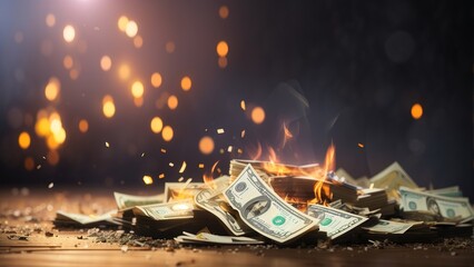 Burning pile of dollar bills symbolizing financial losses concept - obrazy, fototapety, plakaty