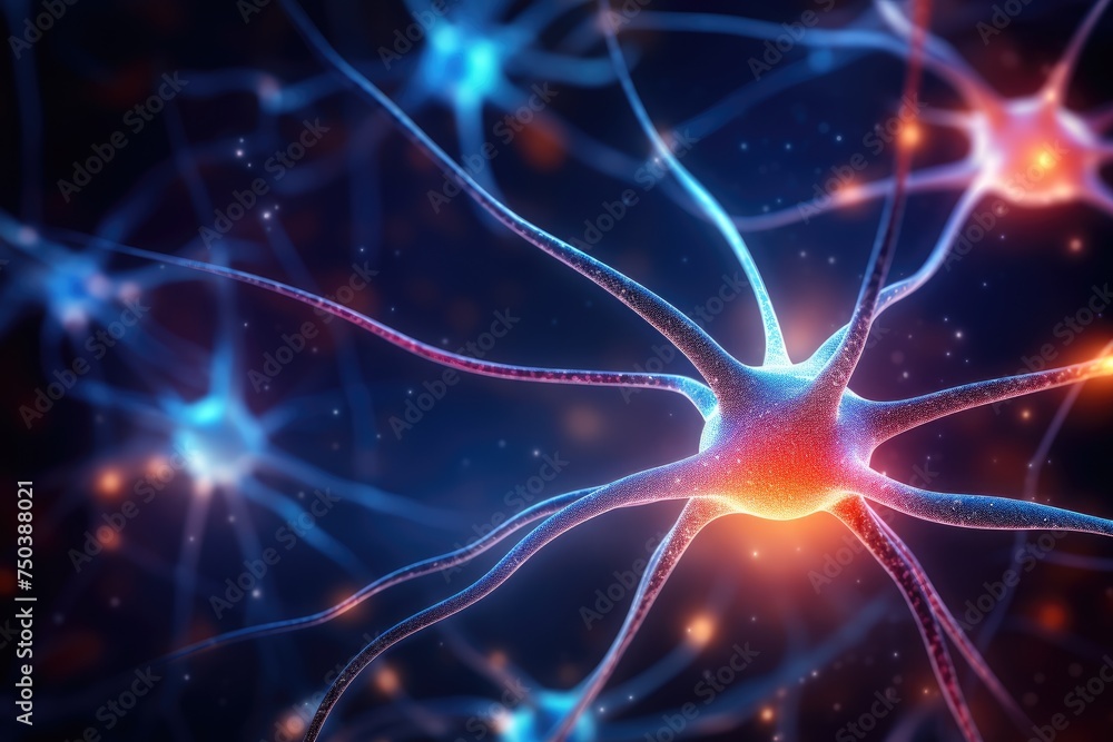 Poster neuron network brain cells with cell activity between each other. neurology and the nervous system, 