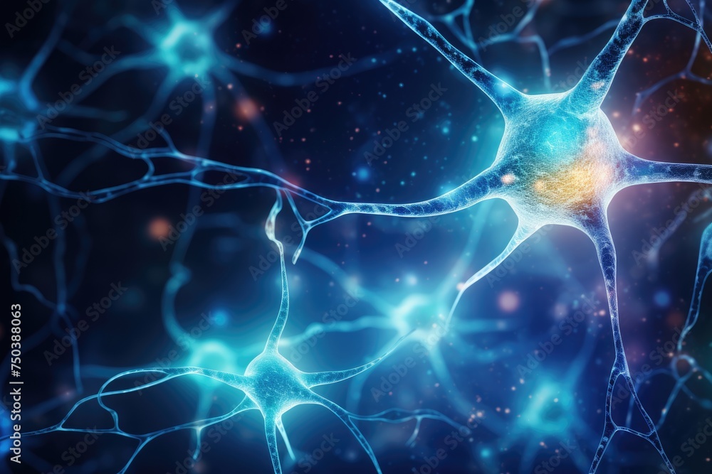 Poster neuron network brain cells with cell activity between each other. neurology and the nervous system, 