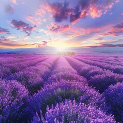 Lavender Field at Sunset, Purple Flowers Landscape, Morning Lavender Fields, Copy Space - obrazy, fototapety, plakaty
