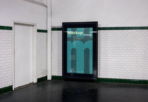 Mockup of vertical customizable sign inside building