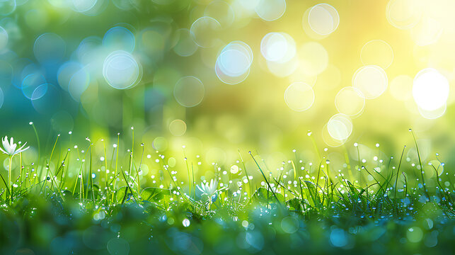 Beautiful sunny spring meadow with green grass and blue sky. Abstract background with light bokeh and space for text.

