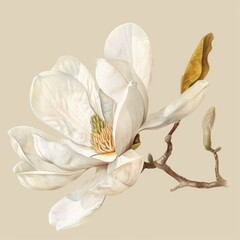 Magnolia Flower Isolated, Vintage Painting, White Magnolia Drawing Imitation, Luxurious Spring Flowers