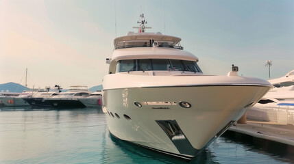 Naklejka premium The front view of a large white super yacht docked in a marina, with smaller yachts visible in the background.