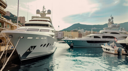 Fototapeta premium Luxurious superyachts moored in a harbor along a city in the Mediterranean