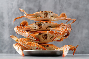 Stacked Steamed Flower Blue Crab on Cement Background