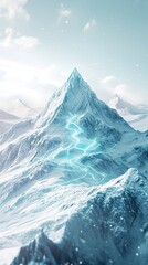 A cold snowy mountain peak with a cybernetic overlay showing information about the mountain such as how to climb to the top - obrazy, fototapety, plakaty