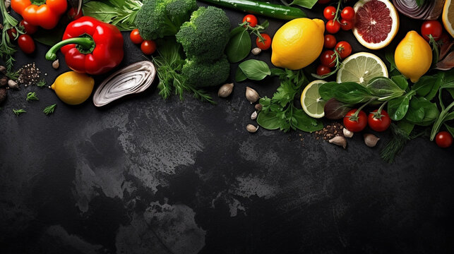 Top view of the fresh vegetables on the dark rough stone table. healthy food concept. Healthy food photography. Fresh chili, tomato, broccoli, cucumber. Generative AI. 