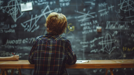 Back view of students standing and looking at the blackboard. with chemistry study formulas