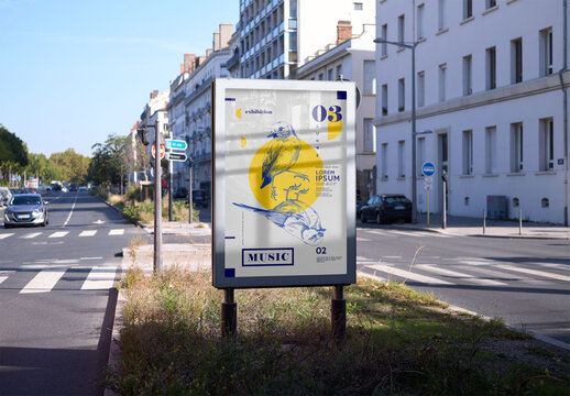 Mockup of vertical customizable sign between roads
