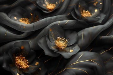 Black and gold, luxury background, floral shapes, black silk texture with golden motifs,