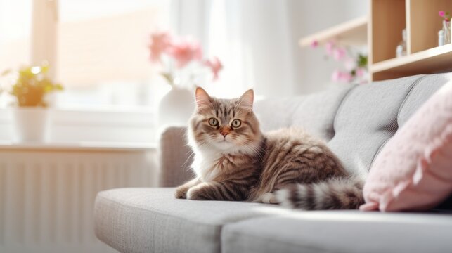 A cute gray cat lies on a comfortable sofa in a modern bright living room.